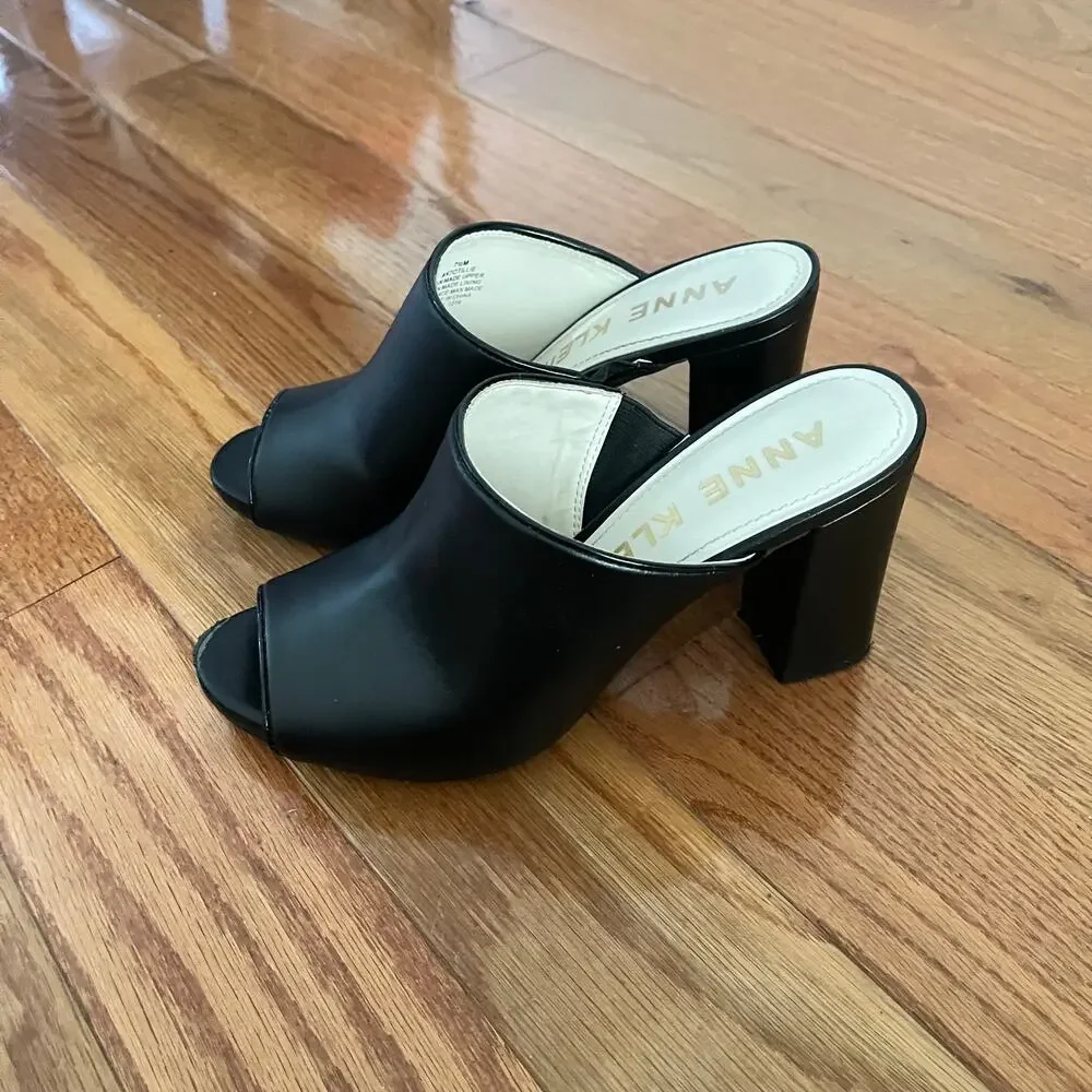Anne Klein Tillie Block Heel Mules Womens 7.5 Medium Black Peep Toe Sandals
